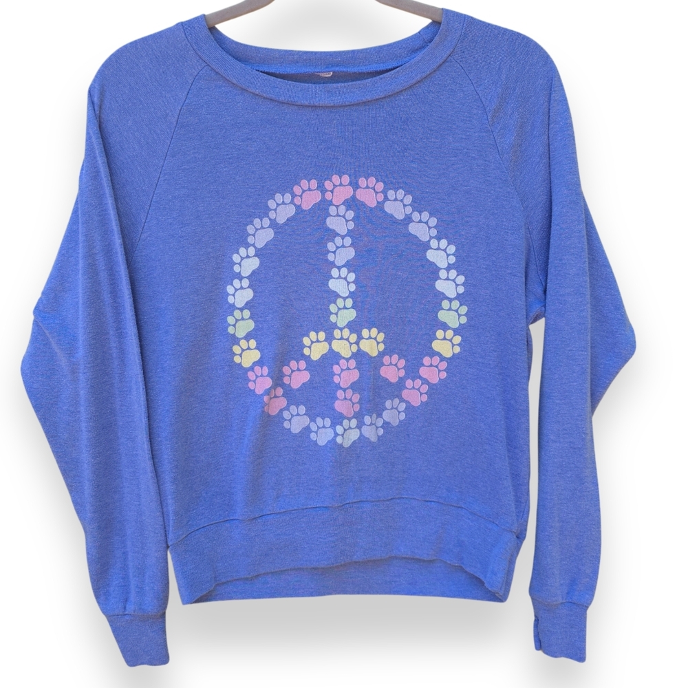 Pastel Paw Print Peace Sign Relaxed Fit Women's Small Blue Long Sleeved Shirt